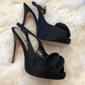 Black satin sandals w/rosette detail / Never worn